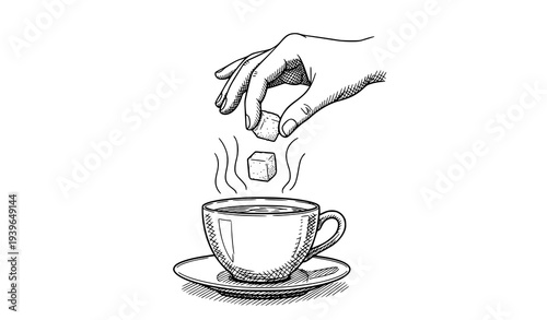 Sketch of hand adding sugar cube into hot tea cup hand drawn vector illustration