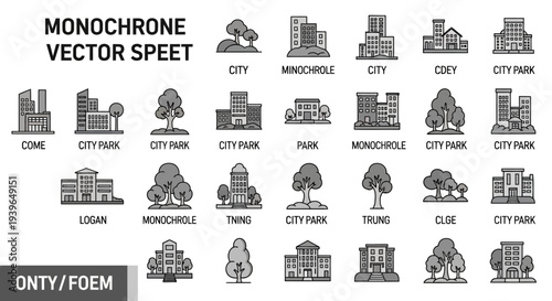 Monochrome City Vector Icons: Buildings, Parks, and Trees