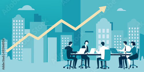 Business growth and success depicted with a rising graph and team meeting