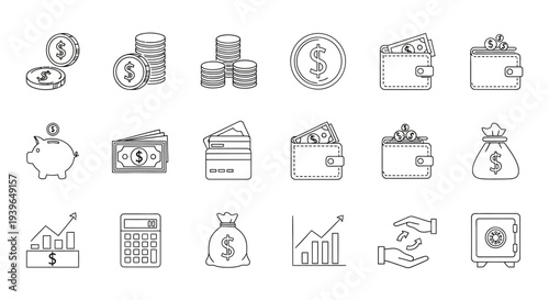 Money and Finance Icons: Coins, Bills, Wallets, Piggy Bank, Safe, Calculator