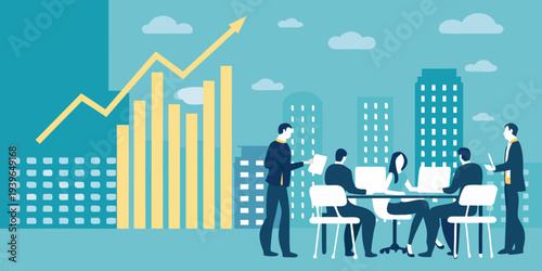 Business professionals discussing growth strategies in a modern cityscape