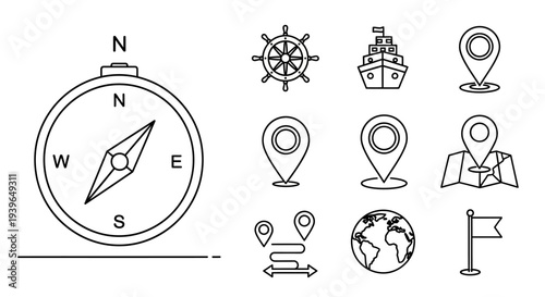 Navigation Icons: Compass, Map, Ship, Globe, Wheel, Pin, Flag