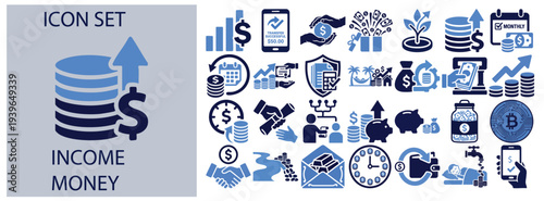 A Set of INCOME PAYMENT EARNINGS Flat Vector Illustration on Transparent Background TOTAL EARNINGS, DIGITAL PAYMENT, MONTHLY PENSION, ANNUAL BONUS, STOCK DIVIDEND, TAX FILING, ACCOUNTING