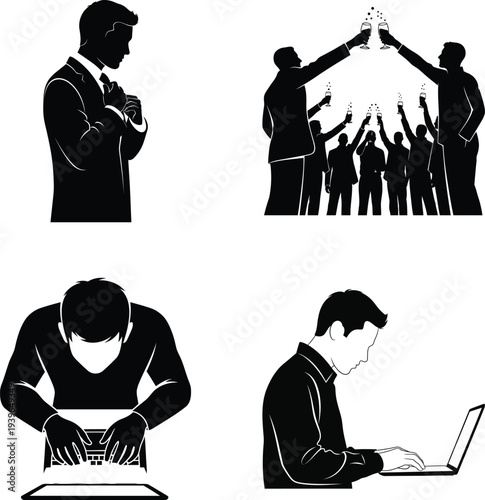 Man adjusting tie, group toasting, man working on laptop