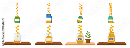  PASSIVE INCOME - Coins falling steadily into a small jar  Flat Vector Illustration on Transparent Background