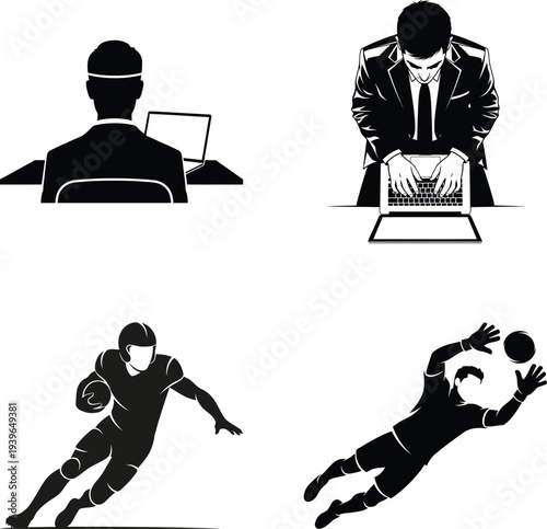 Man at computer, man working on laptop, football player, goalie