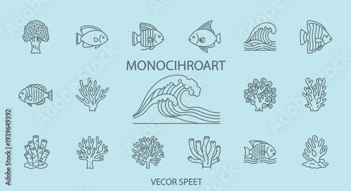 Ocean Life Vector Icons: Fish, Coral, Waves - Minimalist Underwater Set