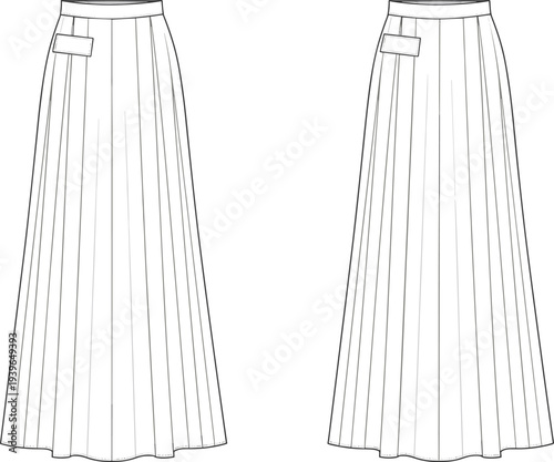 Women's pleated maxi skirt technical flat sketch, front and back view, long floor length flared skirt, cad drawing flat vector illustration.