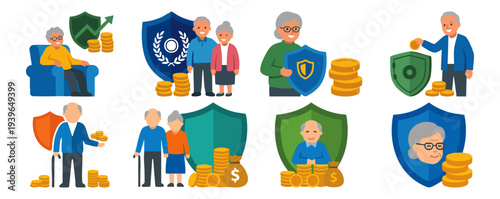  PENSION FUND - Elderly person icon with coins and shield  Flat Vector Illustration on Transparent Background
