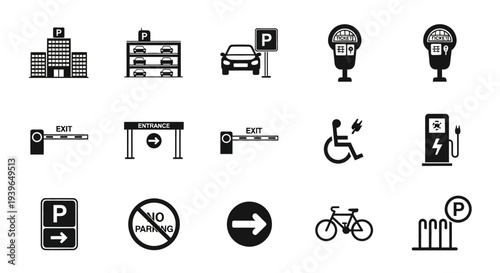 Parking Icons Collection: Garage, Meter, Electric Car, Barrier, Bicycle, No Parking