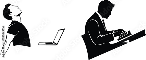 Man looking up at laptop, businessman working on computer