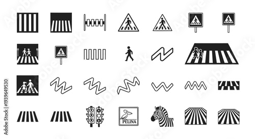 Pedestrian Crossing Signs and Symbols Collection, Vector Icons