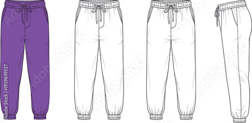 Women's drawstring jogger sweatpants technical flat sketch, front and side view, elastic waist lounge pants, cad drawing flat vector illustration.