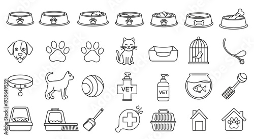 Pet Care Icons: Dog, Cat, Fish, Bird Supplies & Vet Services Collection