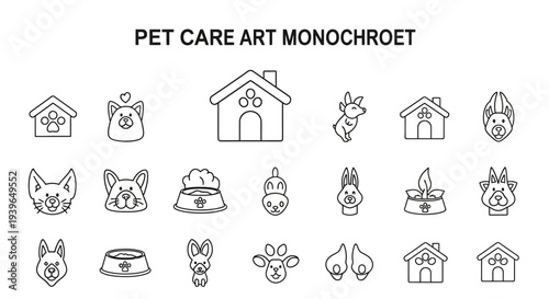 Pet Care Icons: Dog, Cat, Rabbit, House, Bowl, Paw Print - Line Art