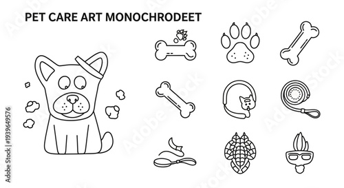 Pet Care Icons Set: Dog, Cat, Bone, Paw Print, Leash, Grooming Tools