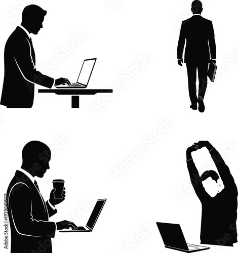 Businessman multitasking: working, drinking coffee, stretching, on the go