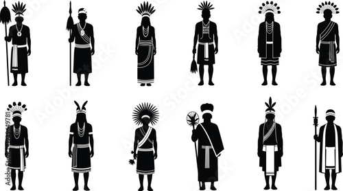 Indigenous tribal people silhouette collection with traditional costume feather headdress cultural attire ethnic community isolated vector illustration set