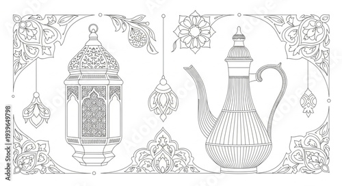 Vintage Ornamental Lantern and Teapot Illustration.