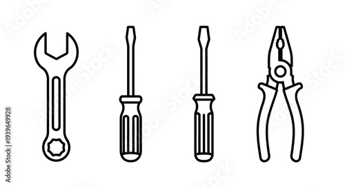 Set of Hand Tools Icons: Wrench, Screwdrivers, Pliers - Outline Vector Illustration