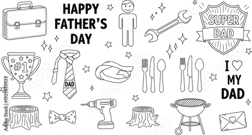 Happy Fathers Day Doodle Icon Set with Super Dad Badge, Trophy, Tie, Tools, BBQ Grill, Love Letter and Family Celebration Symbols