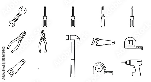 Set of Hand Tools and Power Drill Icons, Vector Line Art