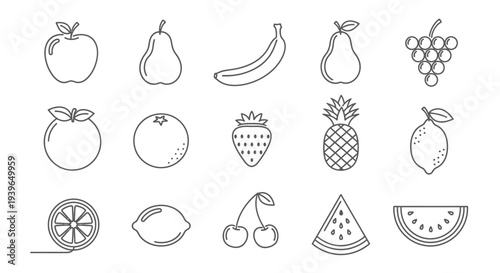 Set of Outline Fruits Icons: Apple, Pear, Banana, Grapes, Orange, Strawberry, Pineapple, Lemon, Cherry, Watermelon