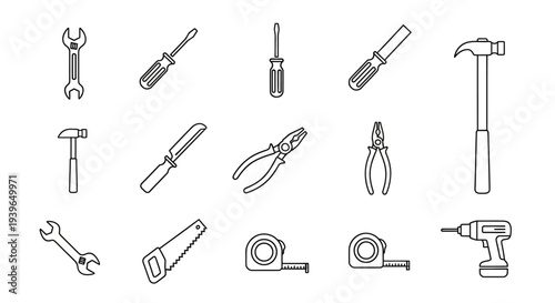 Set of outline icons of construction and repair tools on a white background