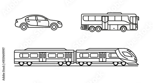 Set of vector outlines - Car, Bus, Train icons for transportation concept