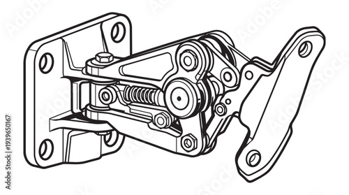 Industrial mechanical hinge mechanism vector illustration with complex metallic joint and hardware