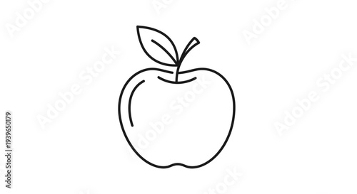 Simple line drawing of a fresh apple with a leaf and stem, isolated on white.