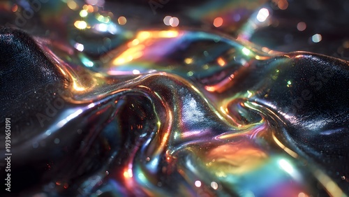Abstract Dark Holographic Iridescent Liquid Fabric Background with Bokeh