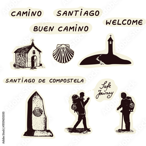 Hand drawn santiago the compostelo st james way sticker set for pilgrimage guide stamps. Europe churches on pilgrims way trail, buen camino sign , peregrinos greeting. Travel icon passport motif 