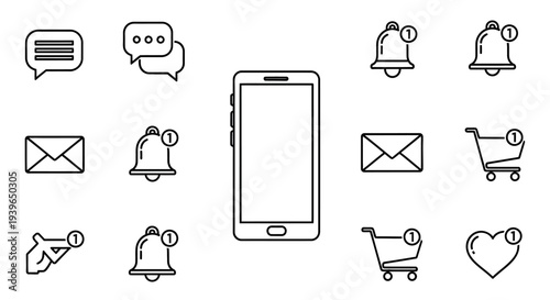 Smartphone and Notification Icons: Messages, Alerts, Shopping, Love