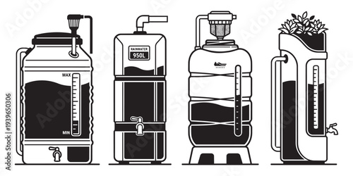 Rainwater harvesting systems vector illustration set for sustainable living and water conservation