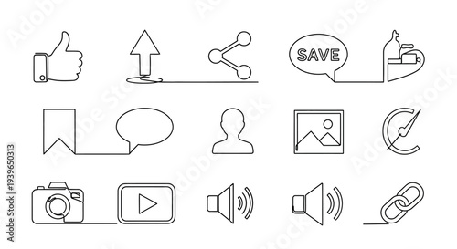 Social Media Icons Set - Thumbs Up, Share, Save, Camera, Play, Timer, Link