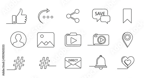 Social Media Icons Line Art: Like, Share, Save, Bookmark, Profile, Photo, Video, Camera, Location