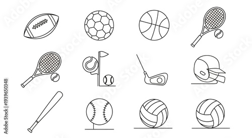 Sports Equipment Icons Collection: Line Art Vector Illustrations