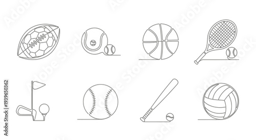 Sports Equipment Line Art Icons: Football, Tennis, Basketball, Golf, Baseball, Volleyball