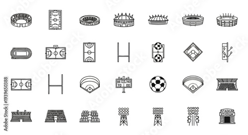 Sports Stadium Icons Collection: Stadiums, Fields, Soccer Ball, Basketball Court