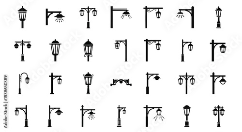 Street Lamp Icons Set - Vintage and Modern Lighting Fixtures Collection