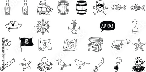 Pirate Adventure Doodle Icon Set with Treasure Chest, Ship, Skull Flag, Anchor, Cannon, Hook, Octopus and Nautical Symbols