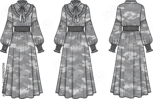 Women camouflage maxi dress technical flat sketch, ruffled boho gown fashion CAD drawing, long sleeve smocked waist vector illustration, apparel template