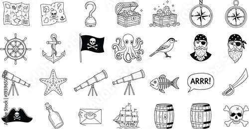Pirate Adventure Icon Set Vector Illustration with Treasure Map Compass Ship Anchor Skull Flag Telescope Barrel and Nautical Elements Collection