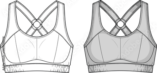 Sports bra technical flat sketch, front view activewear CAD drawing, racerback gym top vector illustration, women fitness clothing fashion template.
