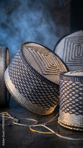 Knitted songkok caps made from yarn with textured pattern in dark dramatic scene. Ideal for Muslim fashion, handmade textile, and traditional wear.