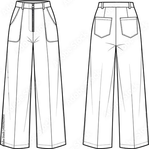 High waisted wide leg trousers with exposed front zipper and patch pockets technical flat sketch vector illustration cad drawing flat vector illustration
