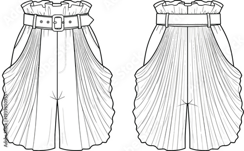 High waisted paperbag pleated shorts with belt technical flat sketch vector illustration for fashion design and apparel product development CAD