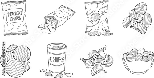 Potato chips doodle icons set with snack pack crispy slices fast food hand drawn junk food vector illustration