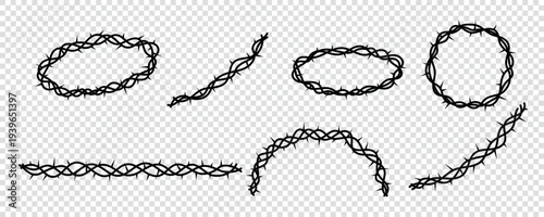 Christian Circle Thorn Crown Branch Icon Set. Christ Thorns of Crown Frame for Friday Sunday Kit. Vector Graphic Elements in Transparent Png Bg